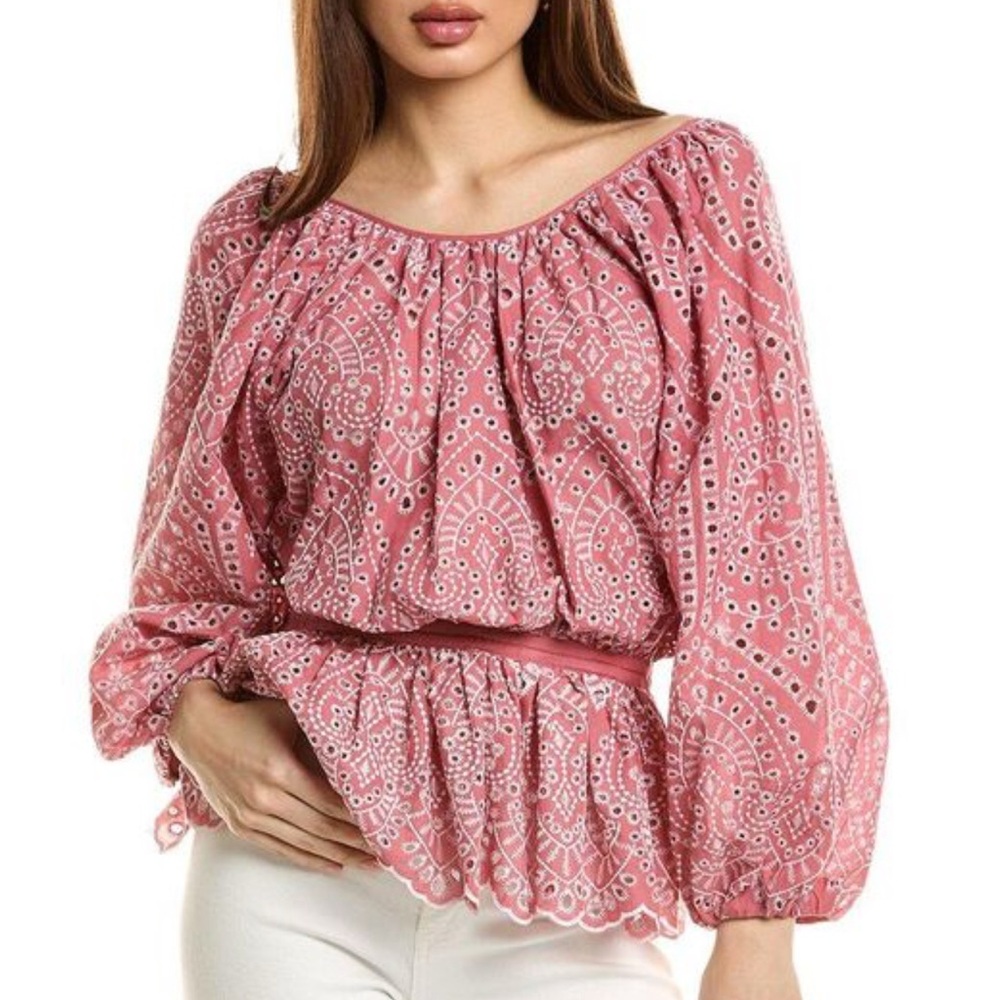 Elie Tahari Pink Eyelet Peasant Blouse - Picture 2 of 16